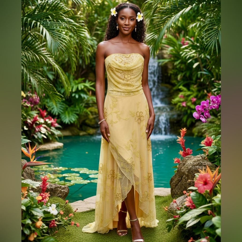 Elegant Yellow hand beaded‎ Attitudes by Debra Strapless Dress